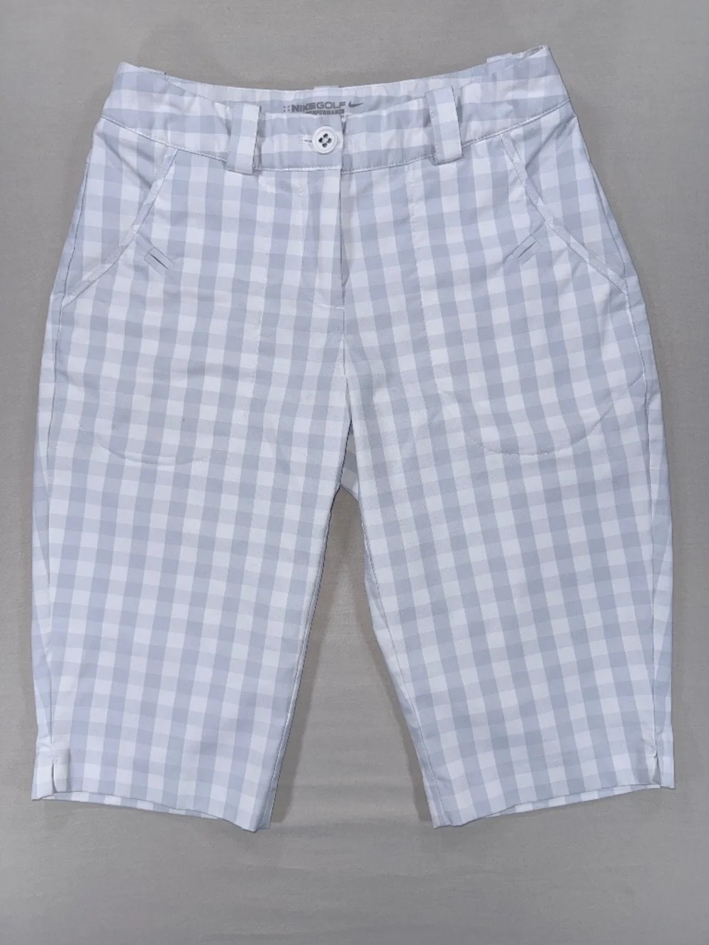 Nike Golf Tour Performance Dri-FIT Gingham Bermuda Shorts Grey White 0 EUC